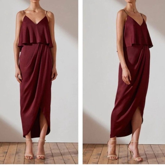 Shona Joy Luxe Frill Tulip Hem‎ Maxi Dress Burgundy 6 - Picture 1 of 10